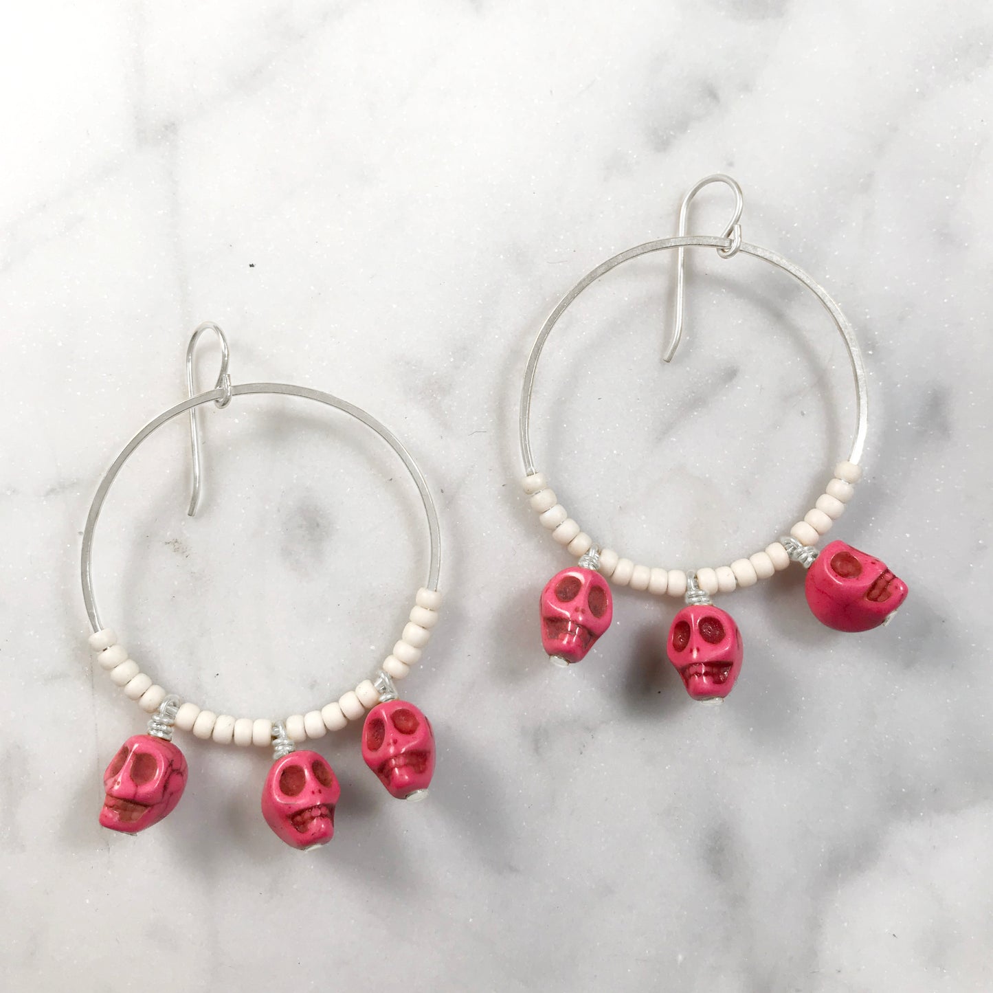 White with Pink Howlite Skull Earrings