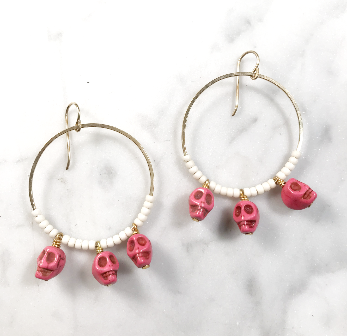 White with Pink Howlite Skull Earrings