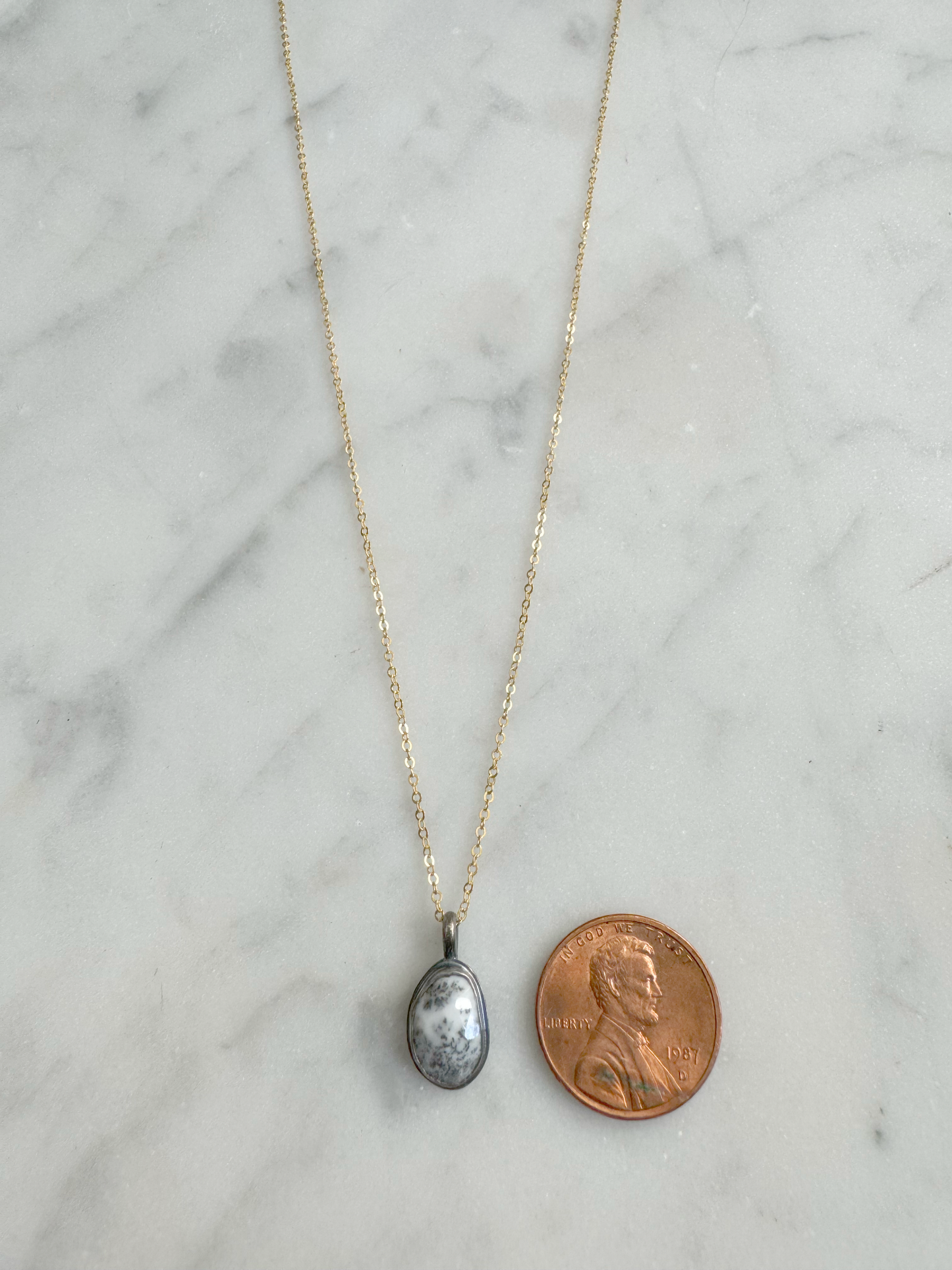 Tiny Organic Dendritic Opal Oxidized Necklace with penny for size
