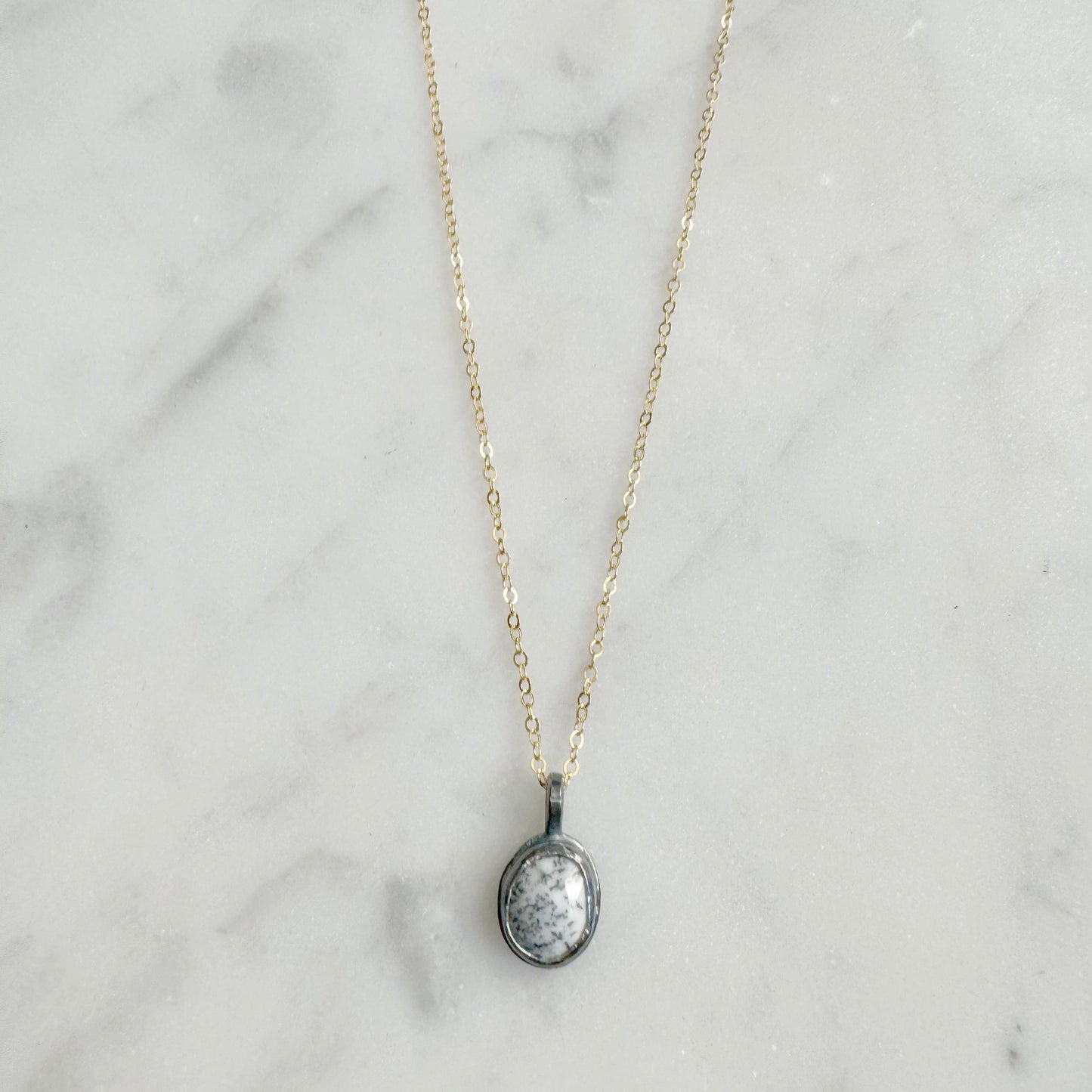 Tiny Oval Dendritic Opal Oxidized Necklace