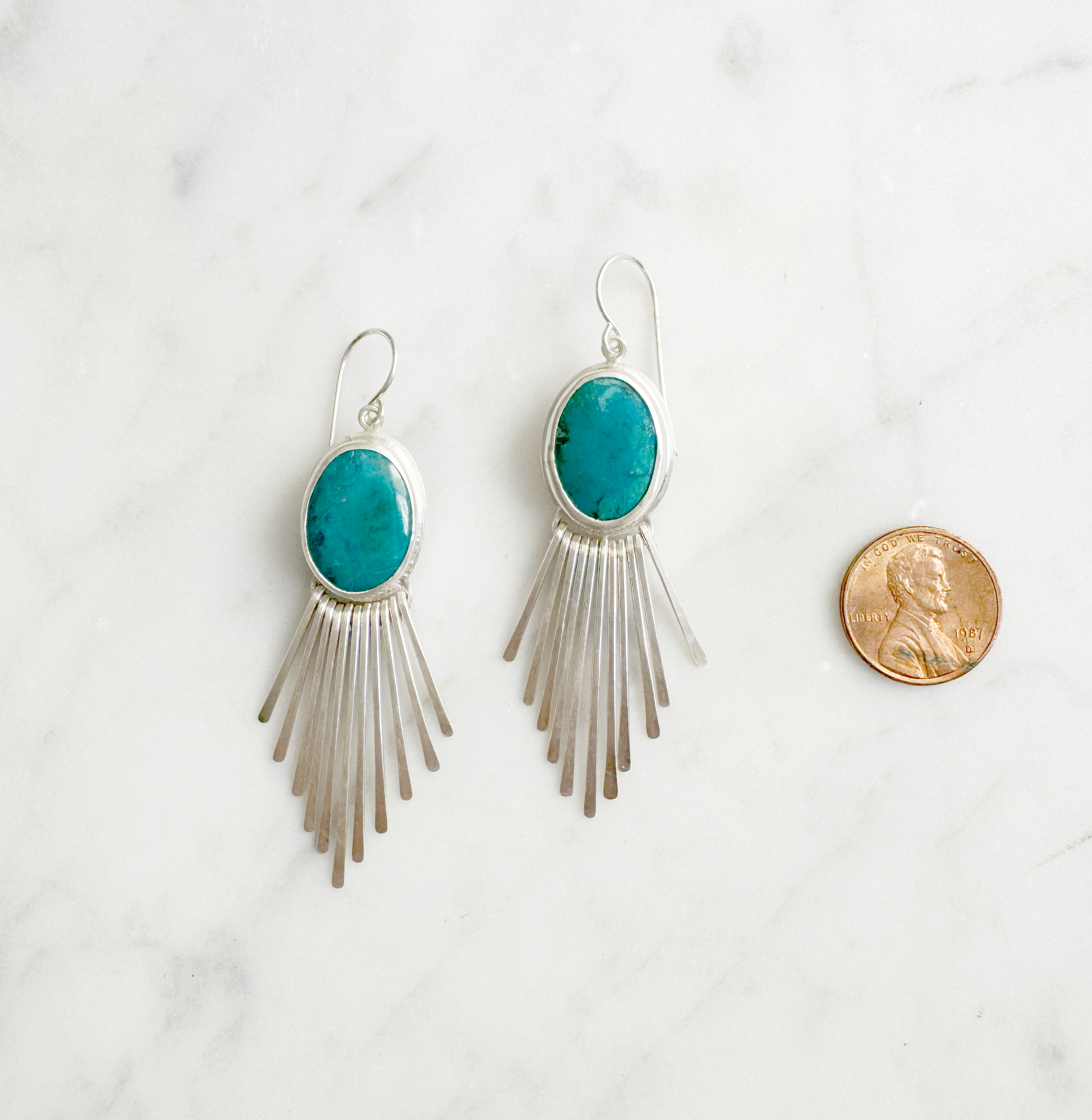 Chrysocolla Fringe Earrings sizing penny