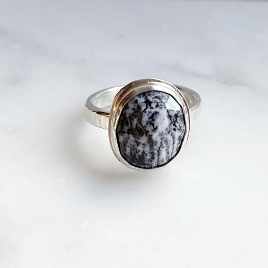 black and white Dendritic Opal Ring in silver 