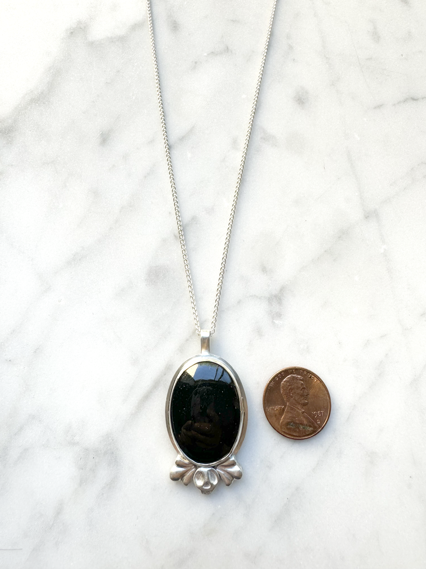 Oval Black Tourmaline Skull Embellishment Necklace