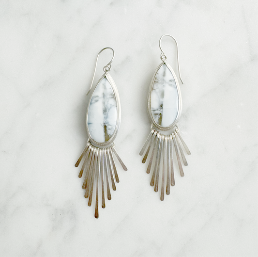 Long Blue Opal Teardrop Fringe Earrings 