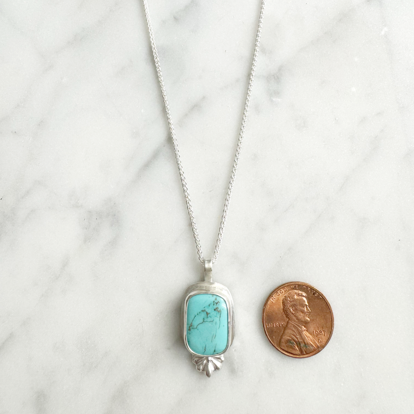 Square Turquoise Embellishment Necklace size reference with penny