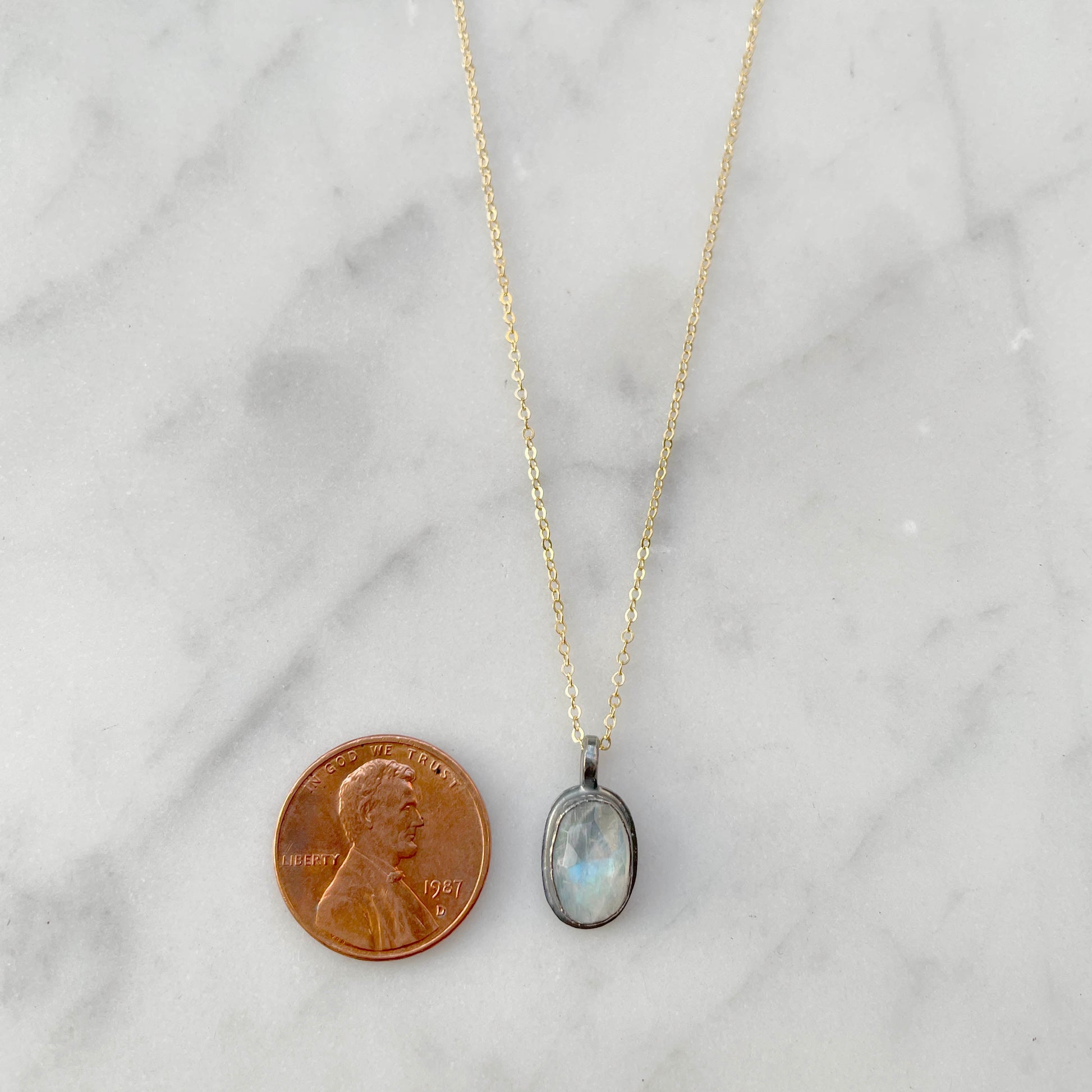 Tiny Moonstone Oxidized necklace with penny for size