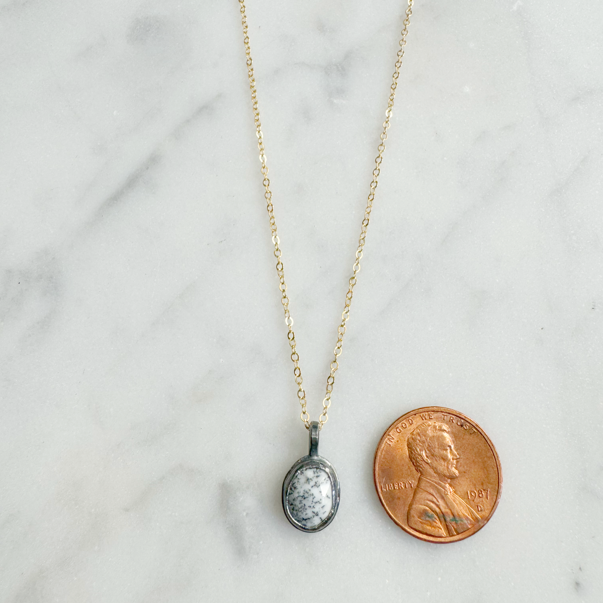Tiny Oval Dendritic Opal Oxidized Necklace with penny for size